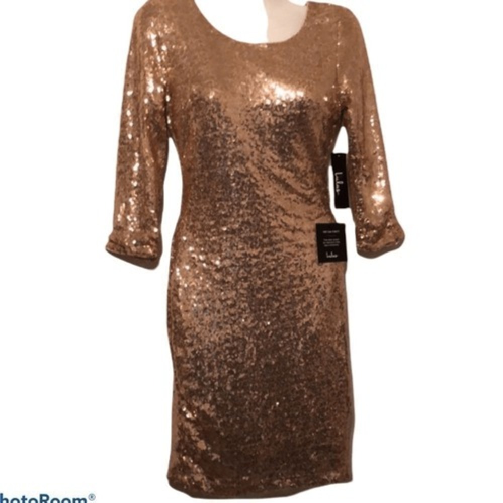 Lulus sequined dress Size Small gold 3/4 sleeve bodycon V back lined party‎